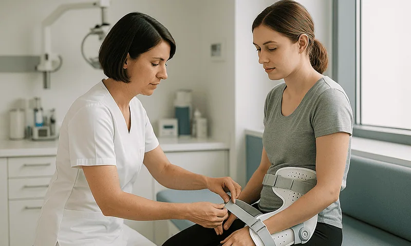 Medical professional preparing a patient for hip examination at Acibadem Hospital.