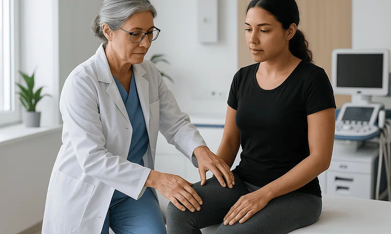 Doctor examining patient's knee for hip osteoarthritis assessment.