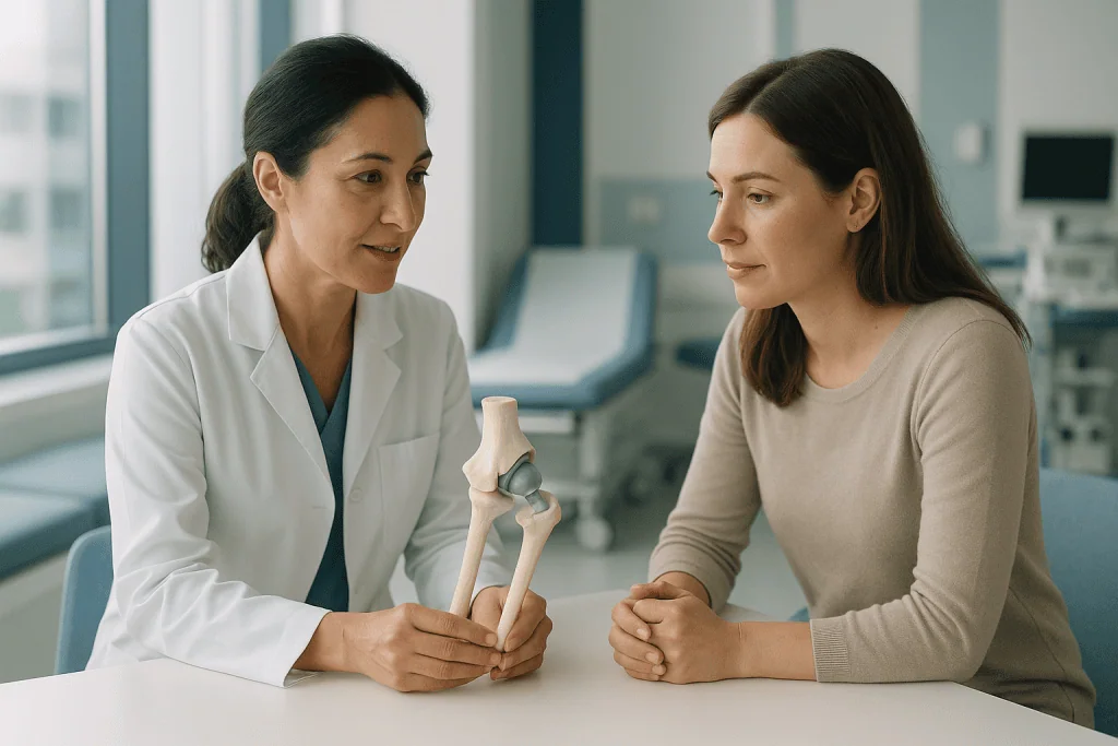 Doctor explaining hip replacement procedure to patient in clinic.