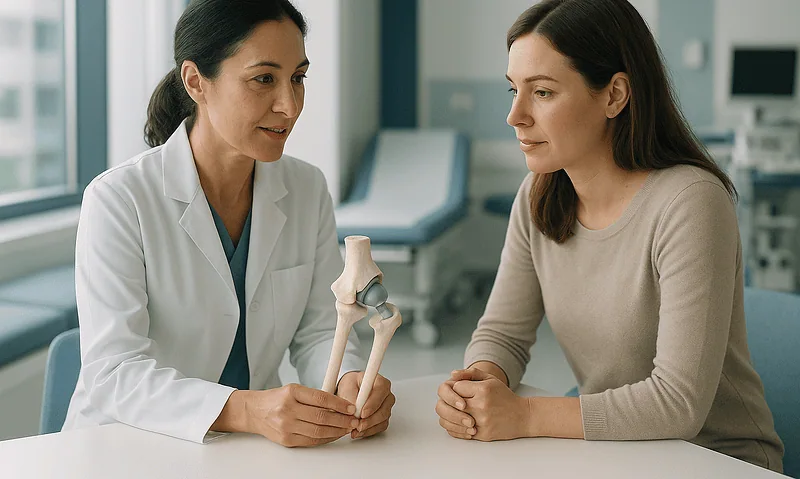 Doctor explaining hip replacement procedure to patient in clinic.