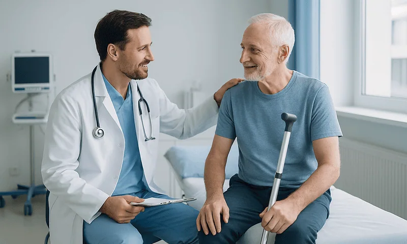 Doctor consulting elderly patient in hospital room for hip replacement care.