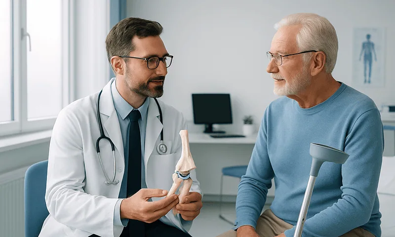 Doctor explaining knee joint model to elderly patient in clinic.