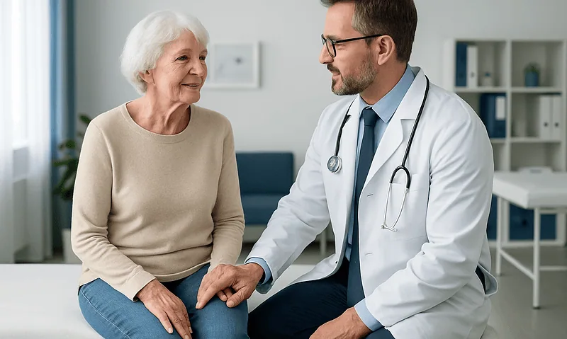 Doctor consulting with elderly woman in a medical office setting.