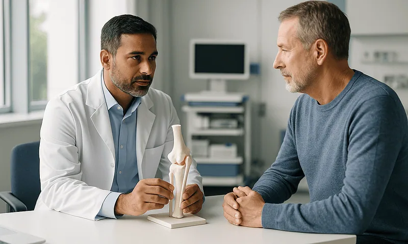 Orthopedic doctor explaining knee joint model to patient in clinic.
