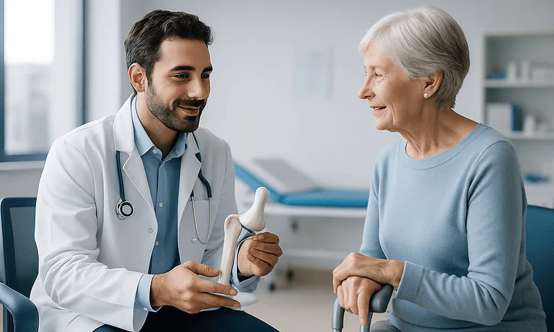 Doctor explaining hip replacement to elderly woman in clinic.