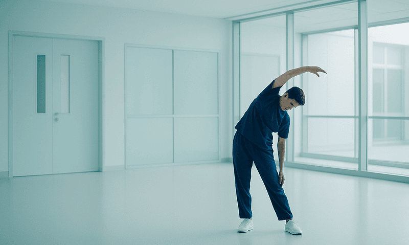 Young man stretching in a modern hospital corridor.