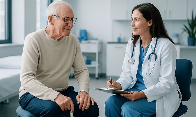Senior patient consulting with a doctor in a medical office.