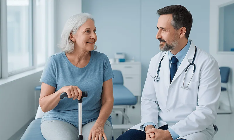 Senior woman with cane consulting with orthopedic doctor in hospital.