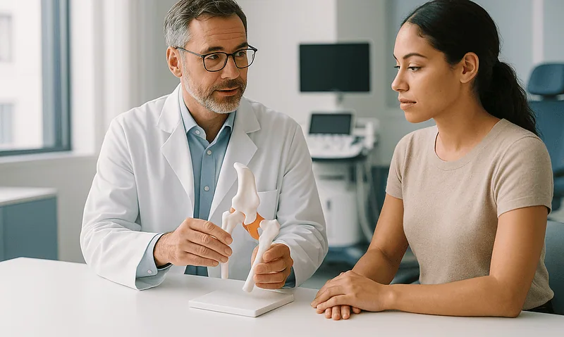 Orthopedic doctor explaining hip replacement to patient in clinic.