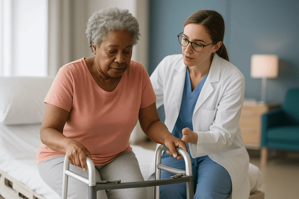 Healthcare provider assisting elderly patient with walker: Hip replacement recovery week by week, including the hardest day