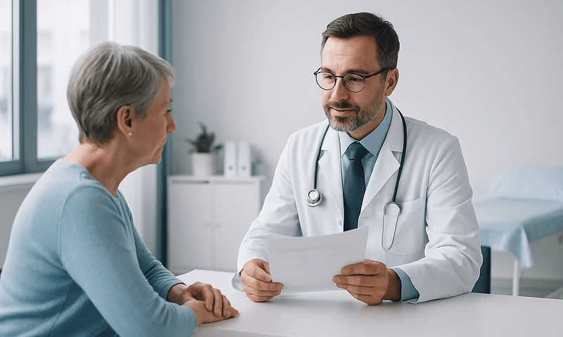 Doctor consulting with elderly patient in a medical office.