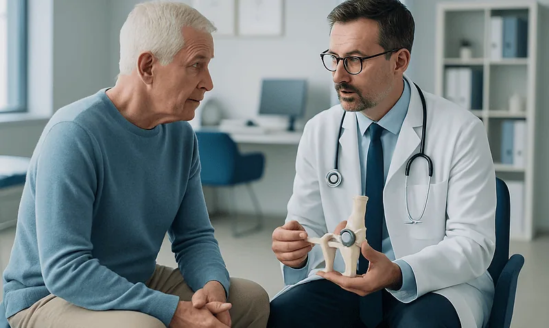 Doctor explaining hip joint model to elderly patient in clinic setting.