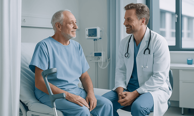 Doctor consulting with elderly patient in hospital room.