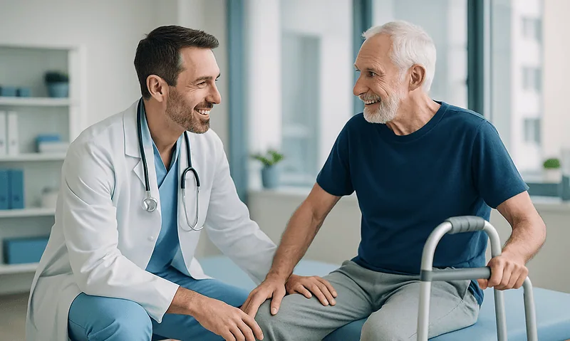 Doctor and elderly patient smiling during consultation at hospital.