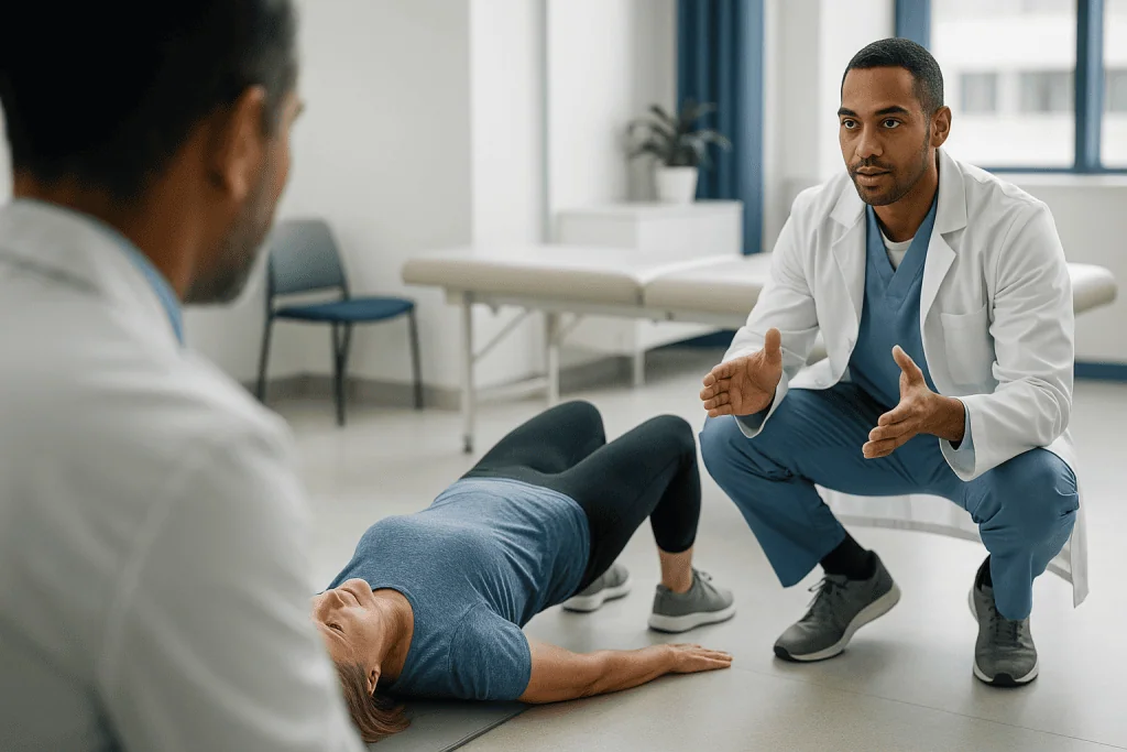 Doctor consulting patient in clinical setting, no exercise: Hip thrust vs glute bridge vs squat: how do they compare?