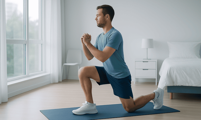 Man performing knee-friendly lunge exercise at home.