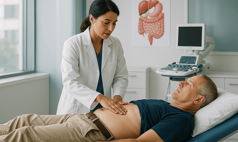 Doctor examining a patient's abdomen in a hospital room with medical equipment.