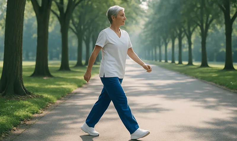Elderly woman walking in a park on a sunny day.