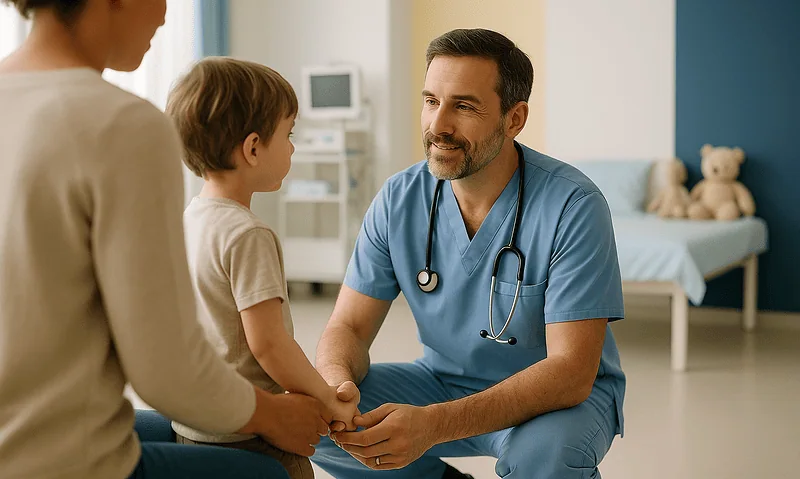 Pediatric doctor consulting with young patient and parent in hospital.