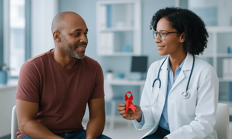 Doctor discussing HIV/AIDS awareness with patient in a medical office.