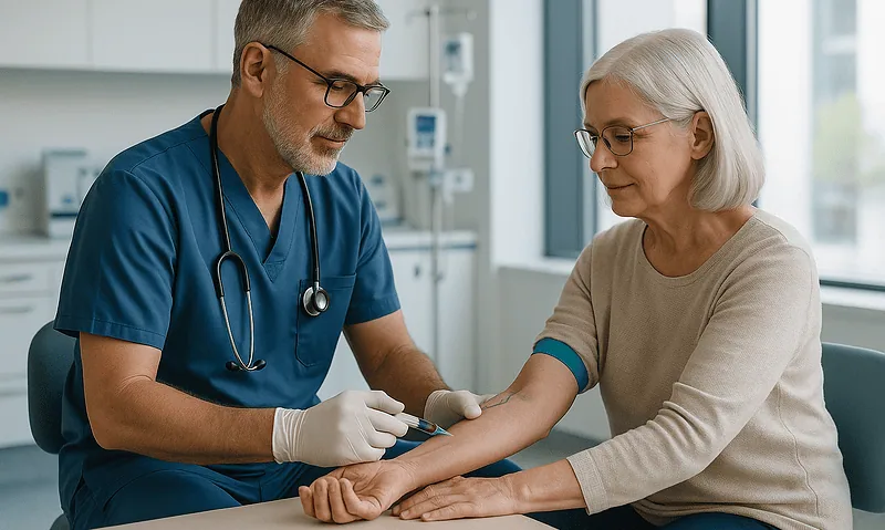 Doctor examining elderly woman's arm in a modern clinic setting.
