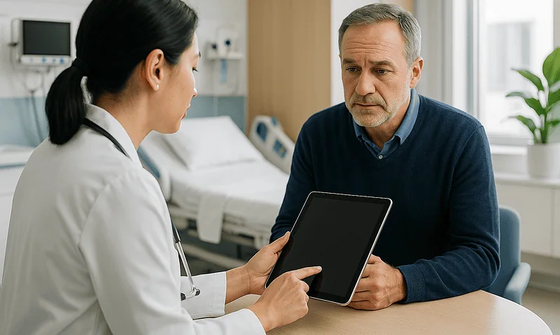 Doctor consulting with a patient in a hospital room, discussing health information.