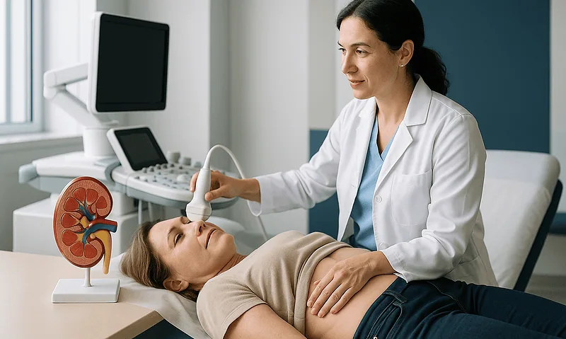 Doctor performing an ultrasound on a patient in a hospital setting.