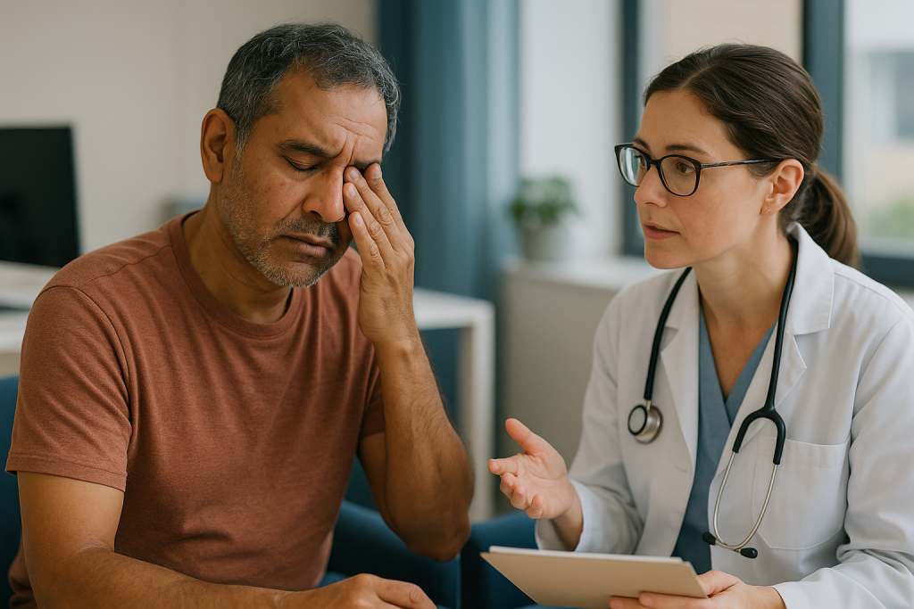 Doctor consulting patient about unspecified symptoms: HLA-B27 and uveitis: can a gene actually cause an eye flare?
