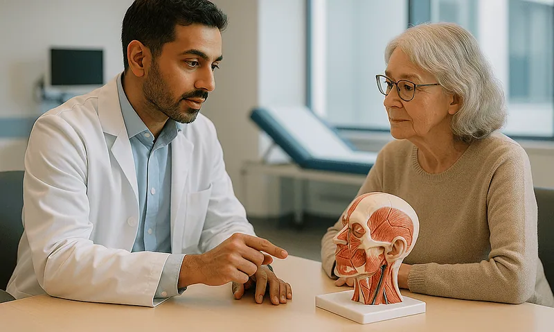 Doctor explaining throat anatomy to elderly woman during consultation.