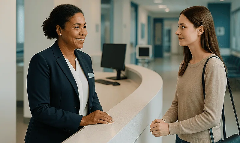 Hospital reception with staff and patient in modern healthcare facility.