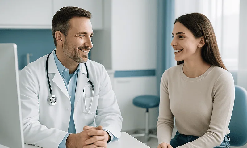 Dentist consulting with a smiling female patient in a modern clinic.