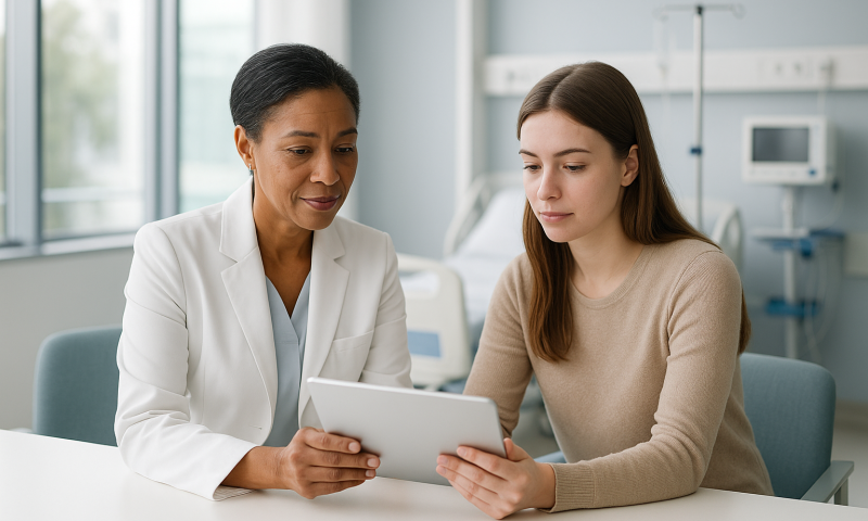 Doctor explaining Holter monitor test to young woman in clinic.