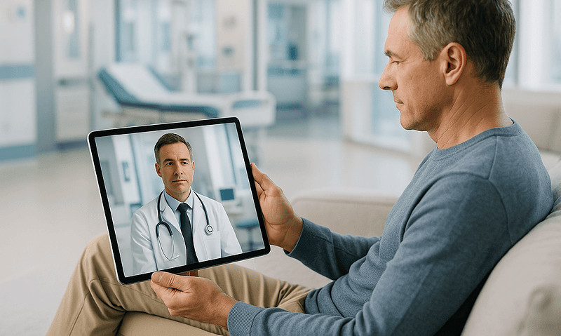 Patient consulting with doctor via telemedicine on tablet in hospital setting.