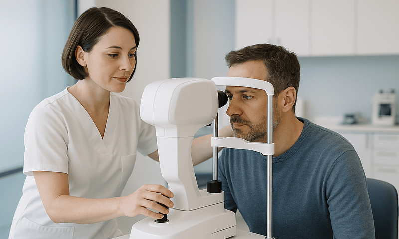 Optometrist performs eye exam using specialized equipment at Acibadem Hospital.