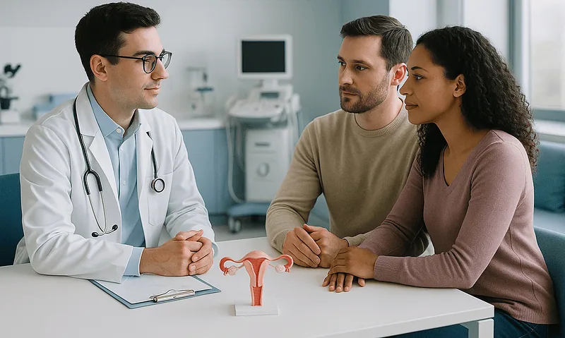 Doctor consulting with a couple about hormonal health in a modern clinic.