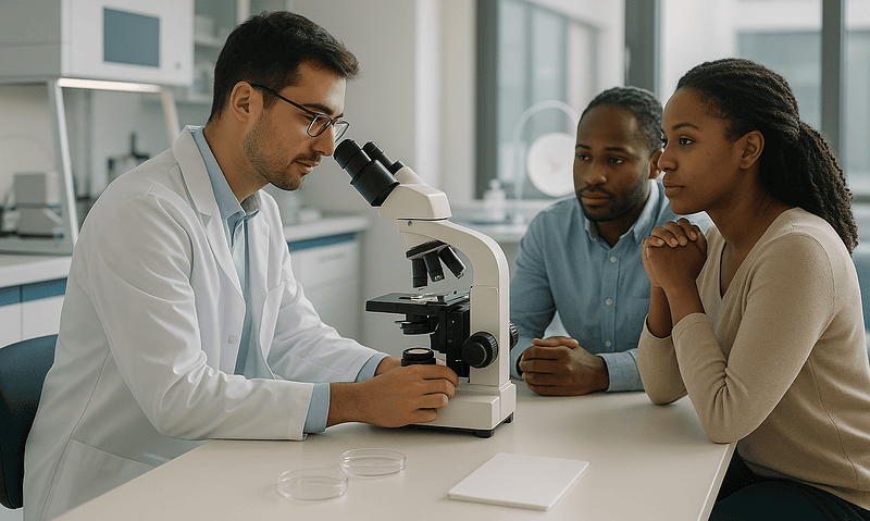 Doctor examining samples with two patients in a modern medical lab.