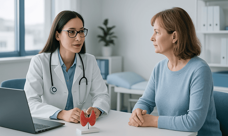 Doctor consulting with a patient about hormone therapy in a clinical setting.