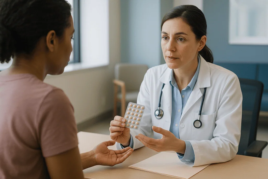 Doctor showing medication blister pack to patient: Hormone treatment for endometriosis: how each class works