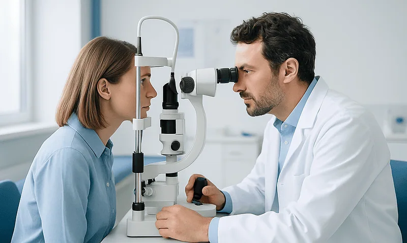 Ophthalmologist examining patient's eye with slit lamp in clinic.