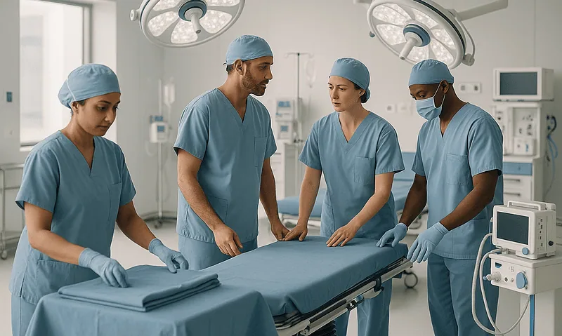 Medical team preparing operating room in a hospital setting.
