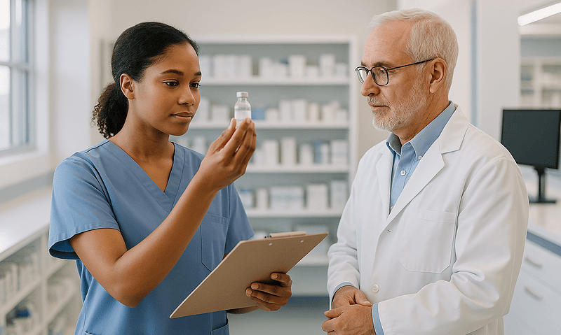 Pharmacist explaining medication to doctor in hospital pharmacy.