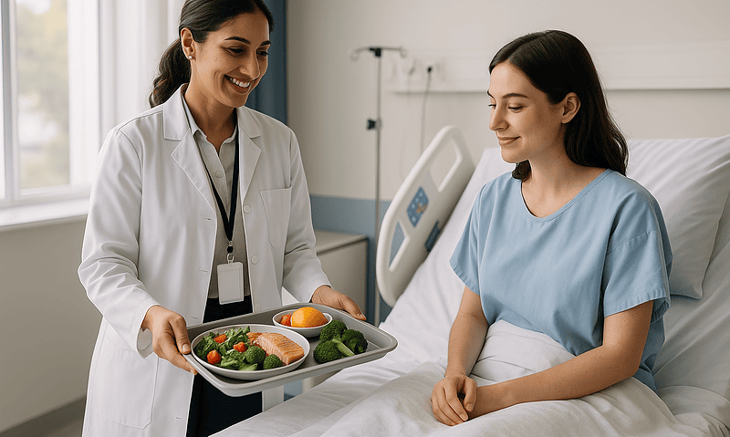 Nurse offers healthy meal to patient in hospital room.