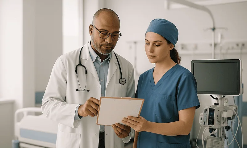 Medical professionals reviewing patient data in a hospital setting.