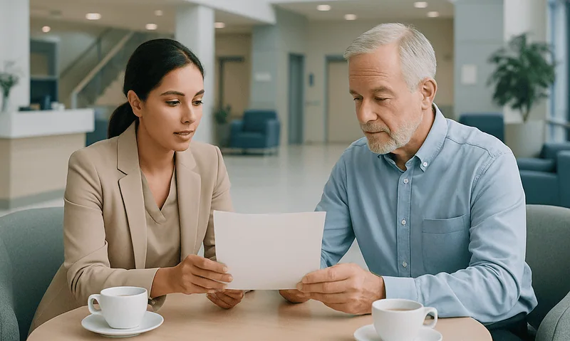 Medical consultation between a doctor and a senior patient in a hospital lobby.