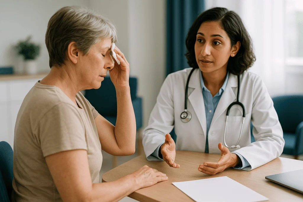 Doctor consulting with middle-aged female patient: Hot flashes after hysterectomy for cancer: what actually helps
