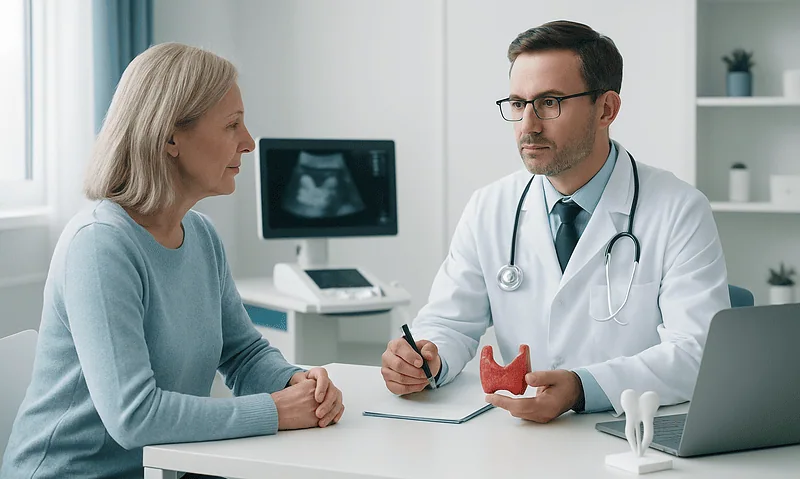 Doctor consulting with an elderly woman in a medical office with ultrasound image in background.