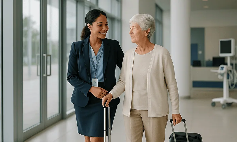 Hospital staff assisting elderly patient with luggage at hospital entrance.