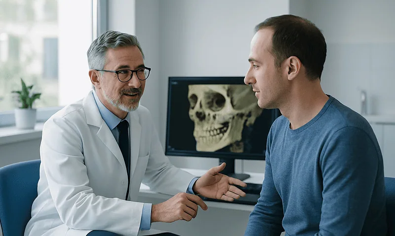 Dentist explaining 3D imaging to patient in clinic setting.