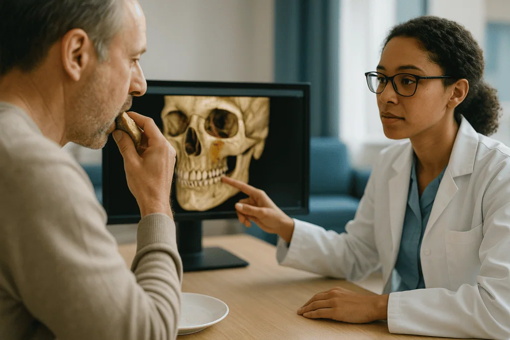 Doctor consulting patient while reviewing skull imaging on monitor: How 3D imaging oral surgery planning protects the maxill