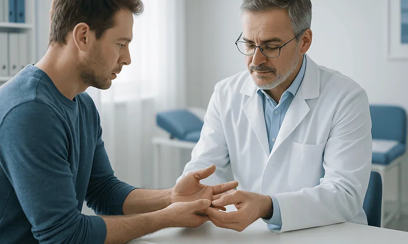 Doctor examining patient's hand for joint issues at Acibadem Hospital.